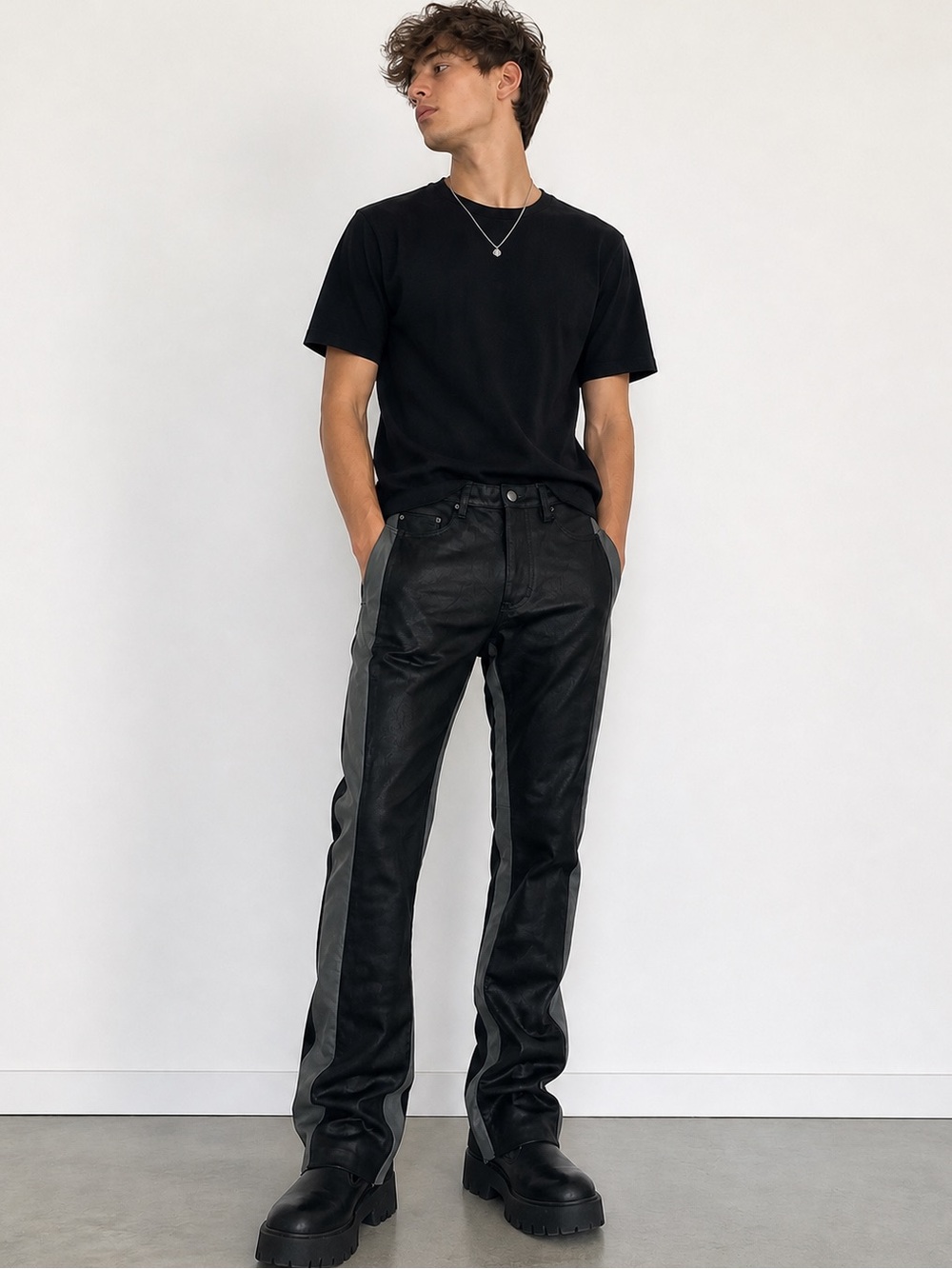 MNML Faux Leather Pants Black Gray Stripe Bootcut Slim Size 33